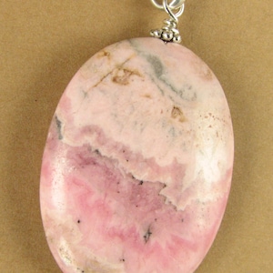 Rhodochrosite stone pendant. Pink and white. Fine silver.