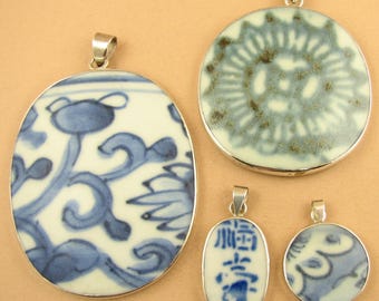 Ming dynasty Chinese porcelain pendants. Antique.   Sterling silver 925.