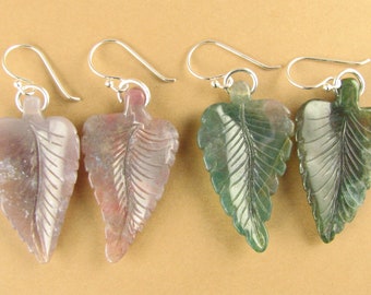 Leaf shape large gemstone earrings. Agate. Green, pink. Sterling silver 925.