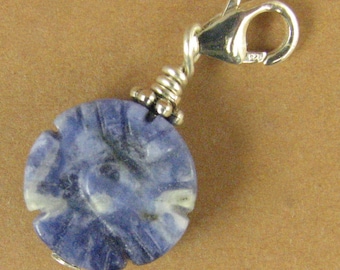 Tibetan flower clip-on charm. Sodalite.Blue. Sterling silver 925. Handmade.