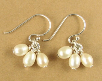 Pearl and sterling silver earrings. Cluster drop earrings. Real pearls.