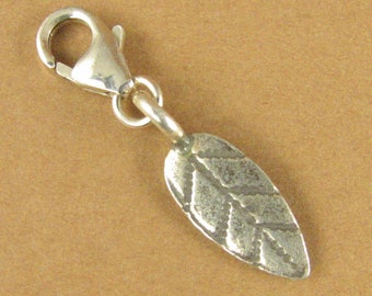 Leaf clip-on charm. Long. Willow. Small. Lobster clasp. Sterling silver 925.