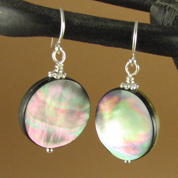 Black shell earrings. Large. Rainbow iridescent. Round. Sterling silver.