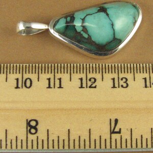 May include: A turquoise pendant with a silver setting. The turquoise is a light blue-green color with brown veins. The pendant is about 1 1/2 inches long.