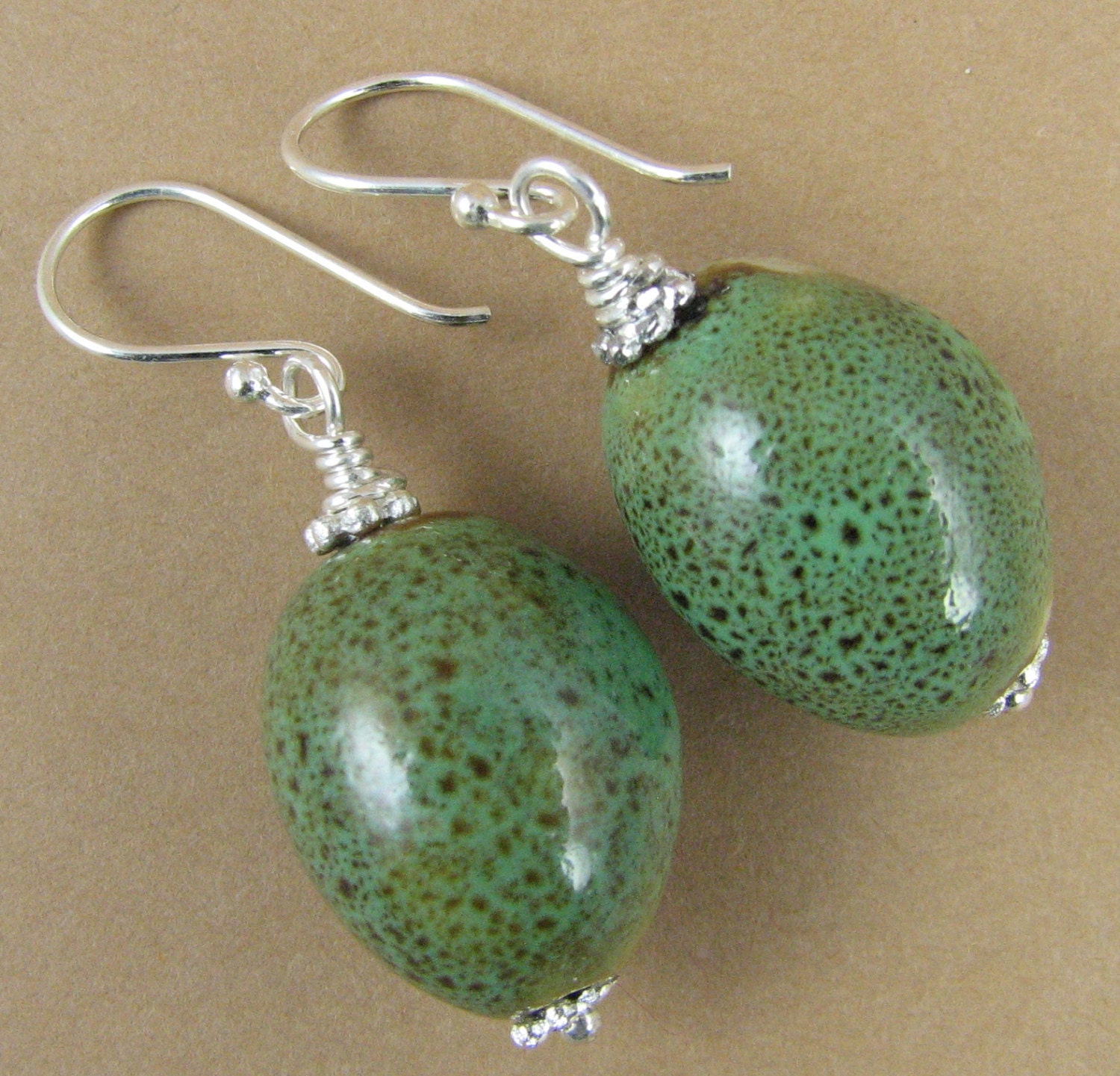 Green ceramic earrings. Large oval shape. Sterling silver. Etsy