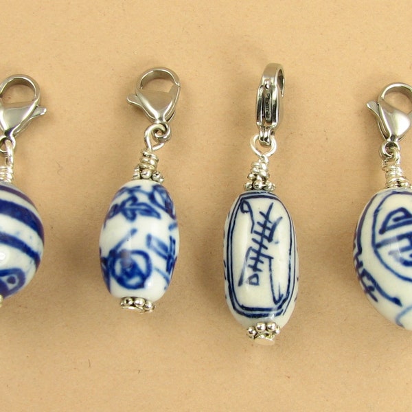 Chinese ceramic bead clip-on charms/pendants. Stainless steel clasp.