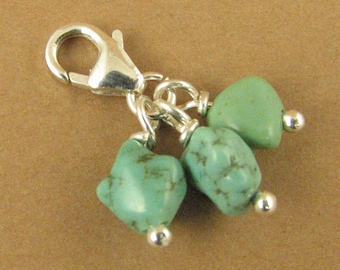 Turquoise stone cluster clip-on charm. Blue-green.Sterling silver 925. Handmade.