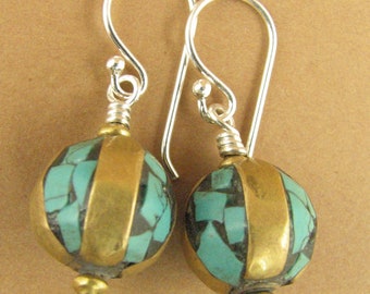 Tibetan mala bead earrings. Turquoise, brass & sterling silver 925. Handmade.