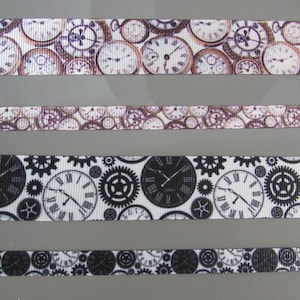May include: Selection of ribbons with clock and gear patterns. The top ribbons have a cream background with brown and white clock faces. The bottom ribbons have black and white clock faces and gears.