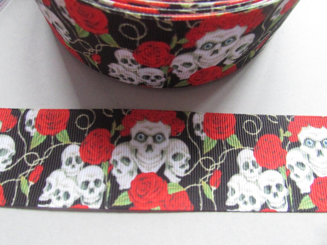 Skull And Roses With Ribbon Skull and Red Roses 3.7cm Grosgrain Ribbon X 1 Metre - Etsy