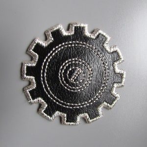 Embroidered Faux Black Leather Cog Steampunk Applique