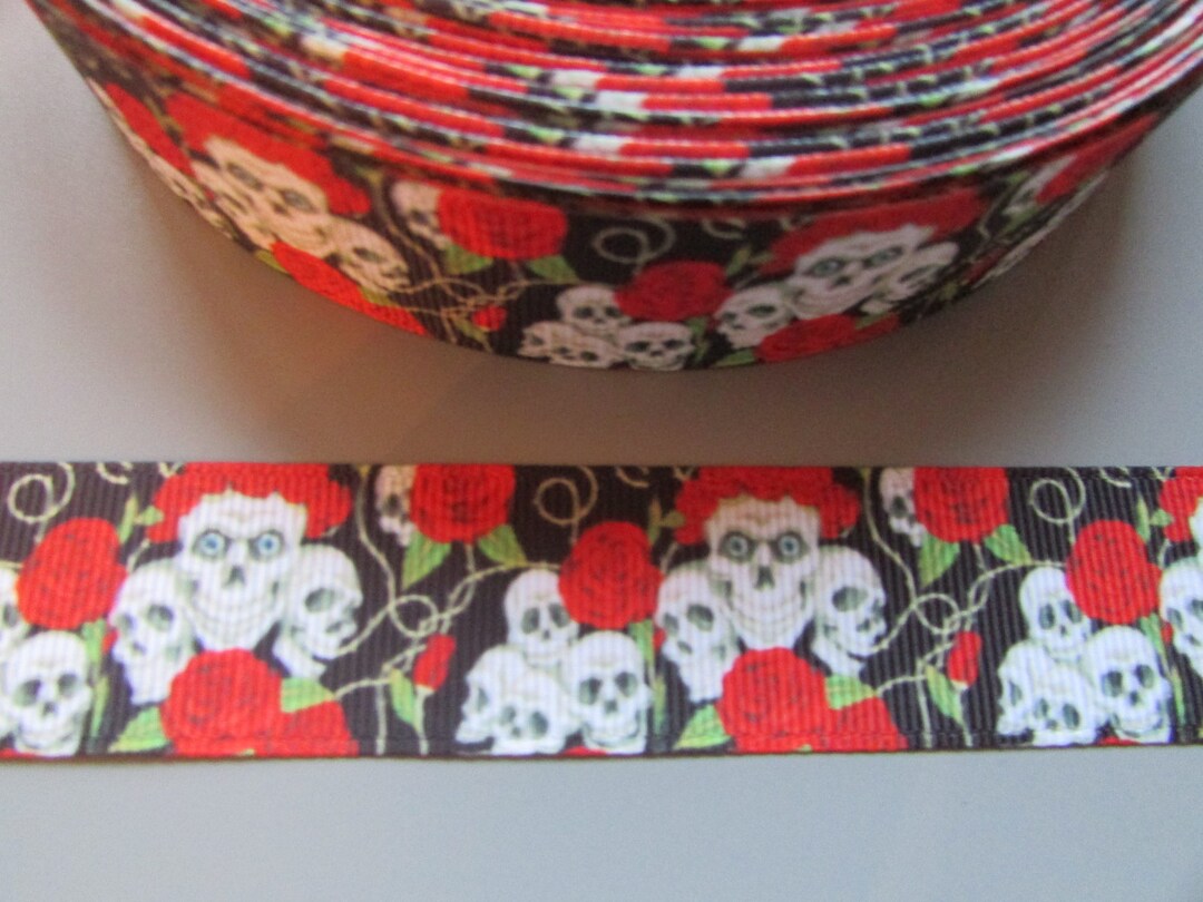 Skull And Roses With Ribbon Skull and Red Roses Grosgrain Ribbon X 1 Metre - Etsy