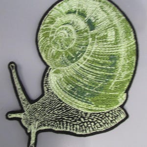 Può includere: Toppa ricamata con un design dettagliato di una lumaca. Il guscio della lumaca è di un verde vibrante con accenti verde chiaro, e il corpo è nero e bianco strutturato. La toppa ha un bordo nero.