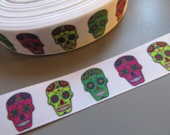 White Gothic Sugar Skull Grosgrain Ribbon 2.2cm x 1 Metre