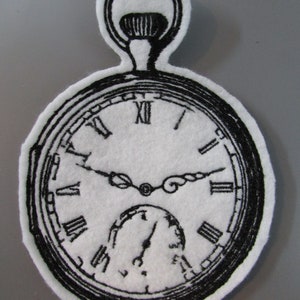 May include: A black and white embroidered patch of a pocket watch with Roman numerals on the face.