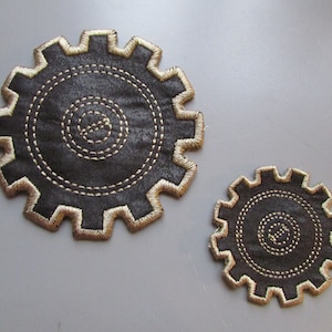 Embroidered Faux Black Leather Cog Steampunk Applique 2 sizes