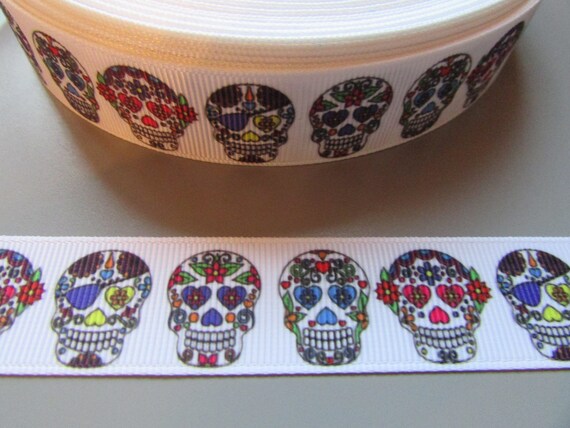 Sugar Skull Grosgrain Ribbon 2.2cm x 1 Metre Sewing//Costume//Crafts//Cake