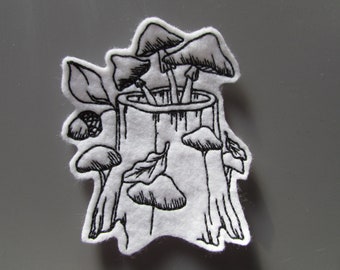 Mushrooms Fungi on log embroidered applique patch