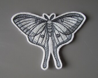 Ghostly Luna Moth Embroidered  Sew on Applique Patch