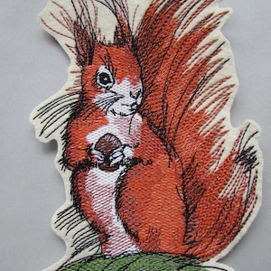 May include: Embroidered patch of a red squirrel holding a nut, with a bushy tail and a green leafy background.