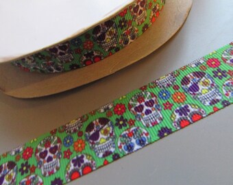 Green Gothic Sugar Skull Grosgrain Ribbon 2.2cm x 1 Metre