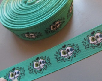 Green Gothic Sugar Skull Grosgrain Ribbon 2.2cm x 1 Metre