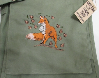 Embroidered Fox Design Eco Cotton Canvas Bag