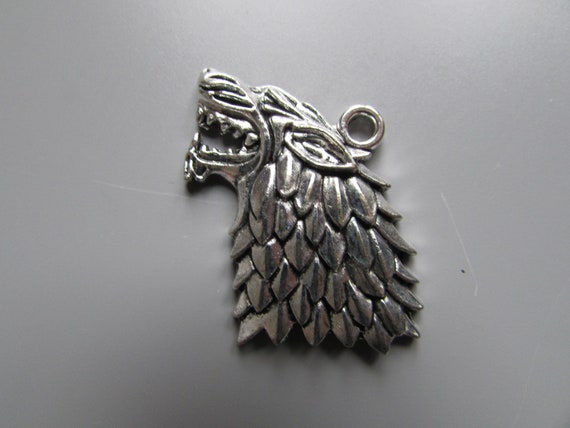 Antique Silver Tone Tibetan Silver Wolf Head With Feather Pendant Charms