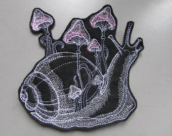 Snail with Mushrooms Fungi Embroidered  Sew on Applique Patch