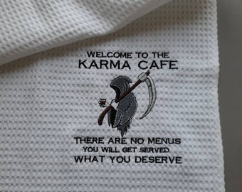 Karma Cafe Embroidered Cotton Tea Towel