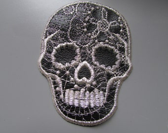Embroidered Faux Black Leather Sugar Skull Applique