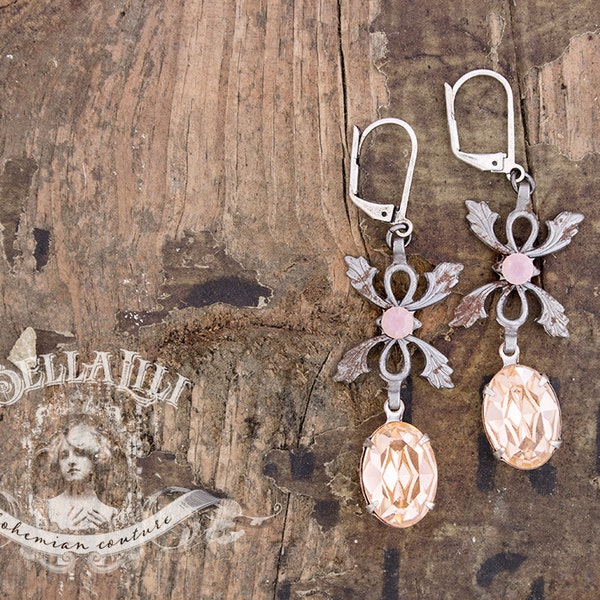Thistle - Gypsy Series - Peach Gray Swarovski, Silver Plate Leverback Earrings with Rhinestone and Filigree by BellaLili