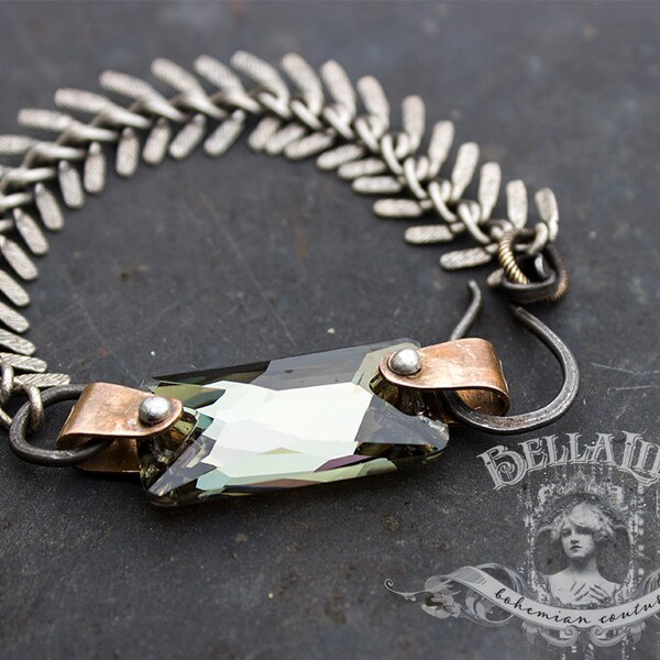 Ouroboros - Tan Bronze Large Crystal Tribal Boho Jeweled Bracelet, welded silver plate, brass by BellaLili