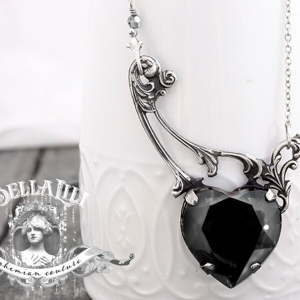 Evangelic's Love - Jet Black or Rainbow Heart Necklace, Neo Victorian Silver