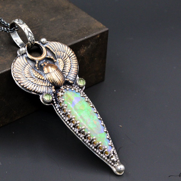 Cleopatra No3 // Bronze Scarab, Lab Created Opal, and Peridot Gemstone Pear in Sterling Silver Pendant Necklace by Bellalili