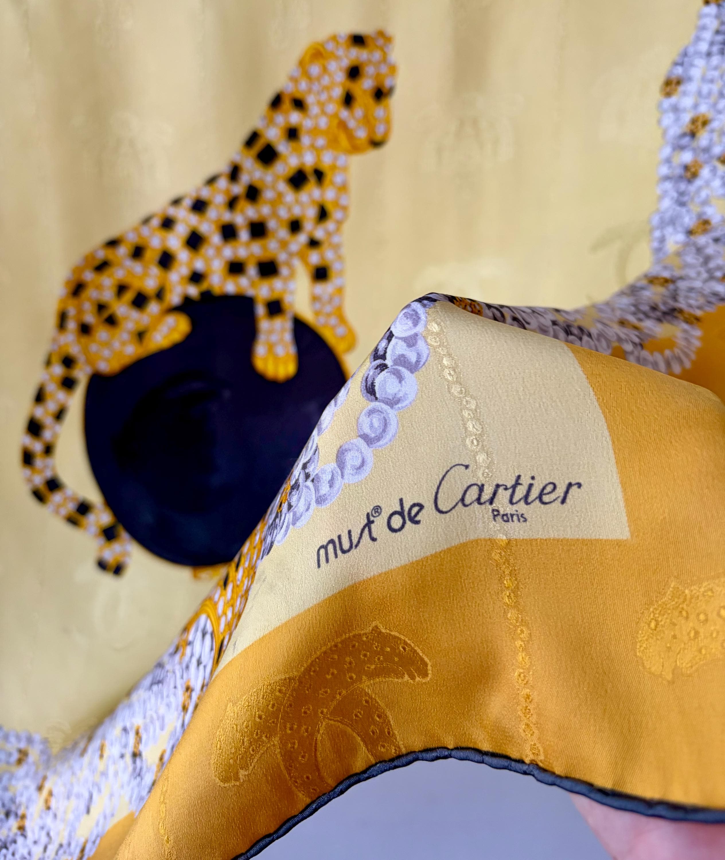 Vintage Must De Cartier Silk Scarf Panther Jewelry Print Gold