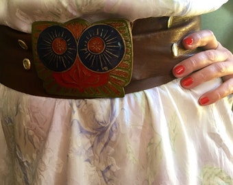 1960s Brass Enamel Owl Belt Buckle – Purple Blue Red Green – Large Statement Buckle