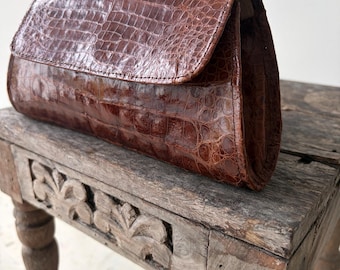 Vintage Genuine Alligator Leather Clutch | Brown Structured Evening Bag