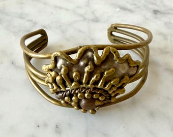 Vintage 1970s Brutalist Brass Cuff Bracelet | Abstract Mixed Metal Modernist Cuff | Boho Festival Jewelry | Studio Artisan Bracelet