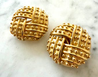 Vintage 1980s Gold Tone Studded Dome Clip On Earrings | Sculptural Statement Earrings | Bold New Wave Textured Earrings