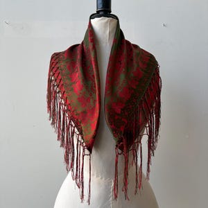 Vintage Silk Brocade Scarf | Olive Red Celtic Floral Fringe Shawl