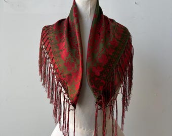 Vintage Silk Brocade Scarf | Olive Red Celtic Floral Fringe Shawl