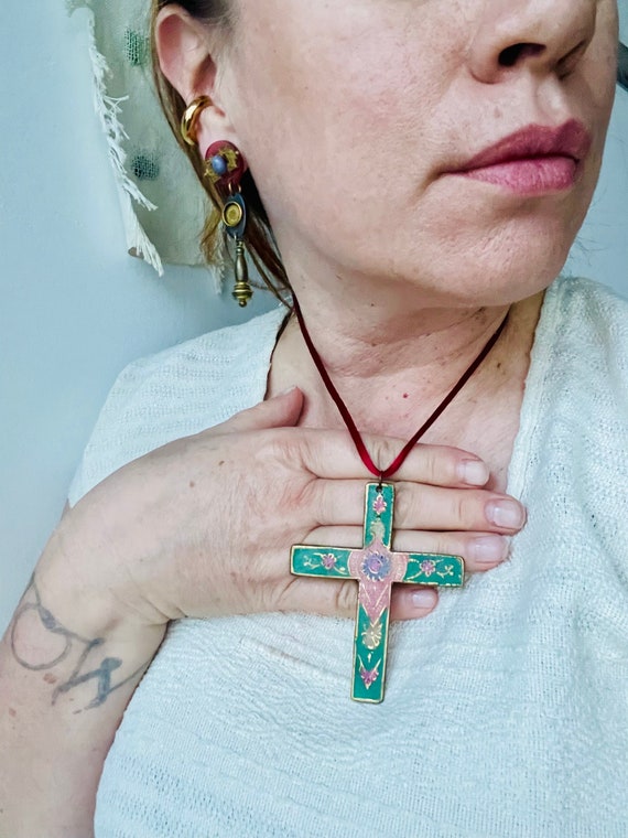 Brass Inlaid Zircon Cross Pendant Necklace