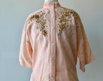 Vintage IIF Embellished Two Piece Set, 1980s Avant Garde Peach Top and Pants, Sculptural Shoulder Detail, New Wave Designer Set