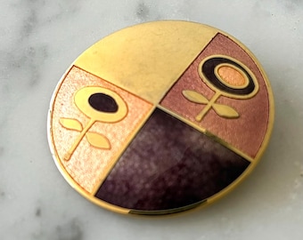 Vintage De Passillé-Sylvestre Enamel Brooch, Quebec Modernist Flower Pin, 1970s Brass Disc Brooch