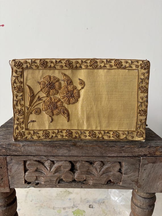 Vintage Gold Bullion Silk Clutch | 1950s Floral Embroidered Evening Bag