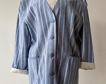 Vintage Kettle Creek Clothing Co Blue Stripe Cotton Blazer Oversized Minimalist Jacket Made in Canada 1980s 1990s