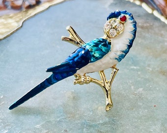 thumbnail image 2 of Vintage Style Parrot Bird Brooch – Gold-Tone Plated – Red Topaz Crystal & Rhinestone – 4.56″ Long 2 of 3