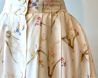 vintage Jupe midi fleurie Louben crème imprimé botanique taille haute boutonnée sur le devant