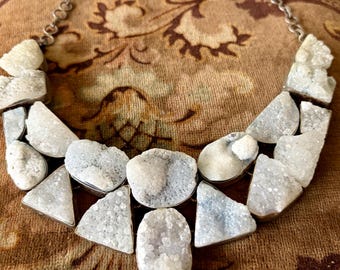 Druzy Quartz Statement Necklace, Organic Stone Collar, Modern Artisan Jewelry